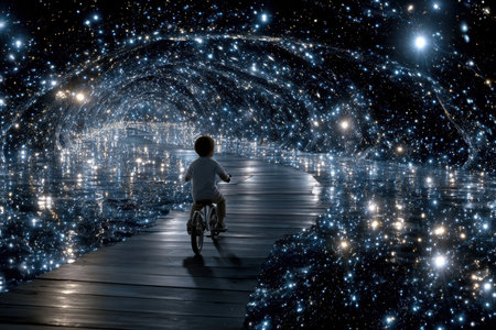 A child rides a bicycle through a mesmerizing galaxy filled with stars and a shimmering path.の写真素材