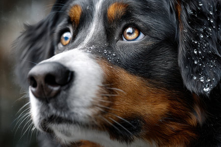 Dog looks pensive with raindrops on its fur, showing unique brown and black coat colors and expressive eyes.の写真素材