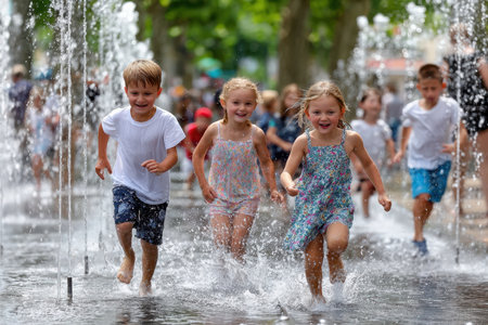 Three children run through a fountain, splashing water joyfully while others play nearby in the park.の写真素材