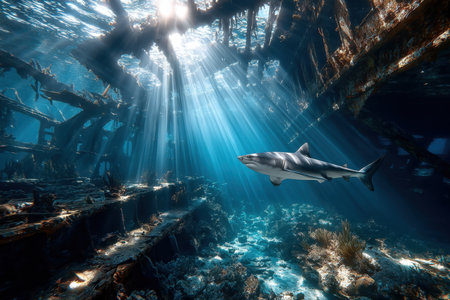 A shark swims beneath a sunken shipwreck as sun rays illuminate the sceneの写真素材