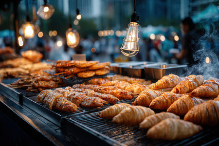 Grilled chicken and croissants are displayed at a night market food stallの写真素材