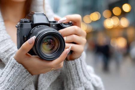 A woman with long nails grips a camera while surrounded by a bustling city atmosphere and lights.の写真素材