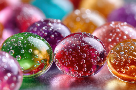 Closeup of colorful glass spheres with trapped air bubbles insideの写真素材