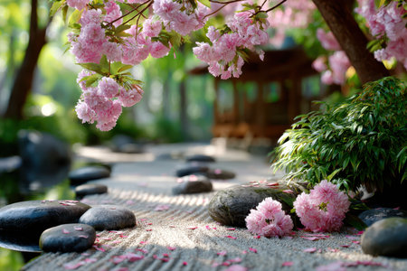 A tranquil Zen garden, under soft, morning light, with a sudden fall of a cherry blossomの写真素材