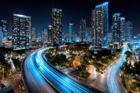 A night view of a bustling city skyline, shot with a long exposure, capturing the dynamic energy and lightsの写真素材