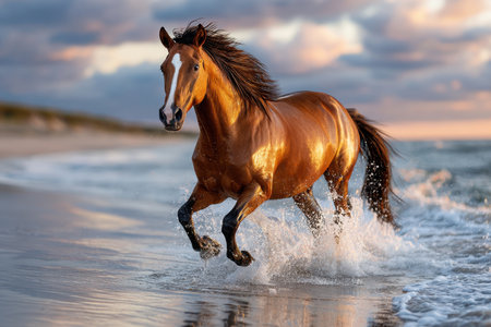 A brown horse runs through ocean waves on a beach at sunsetの写真素材
