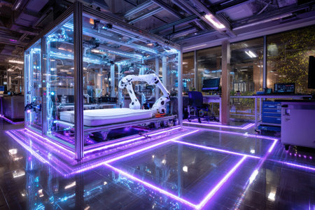 A technologically advanced robotics lab, under fluorescent lighting, shot with a wide-angle lens, featuring a robot that has just come to lifeの写真素材