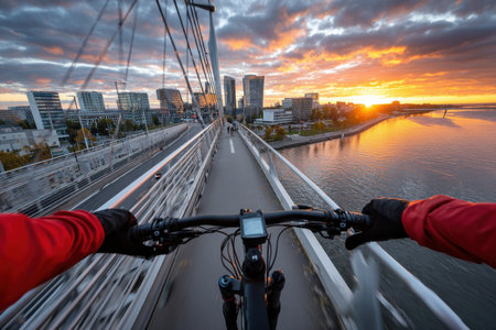 Cyclist crosses a bridge at sunset with a city viewの写真素材