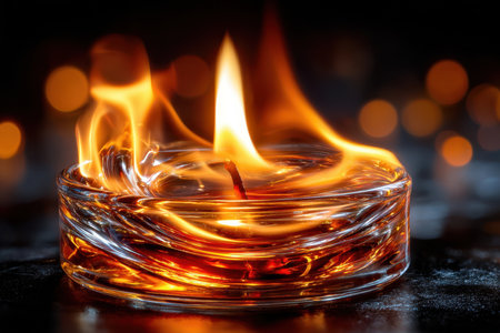 A lit candle burns brightly in a swirled glass container on a dark surfaceの写真素材