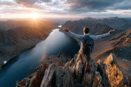 A hiker stands on a mountain peak with outstretched arms at sunsetの写真素材