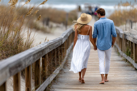 A couple walks barefoot along a wooden pathway by the beach, enjoying a sunny day and each other's company.の写真素材