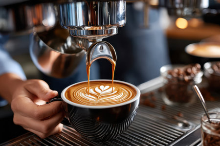 A skilled barista pours a creamy latte into a cup, creating a beautiful design while customers enjoy their drinks.の写真素材