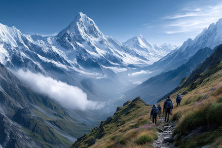 Groups of hikers navigate a rocky trail in a breathtaking mountain range under a sunny sky.の写真素材