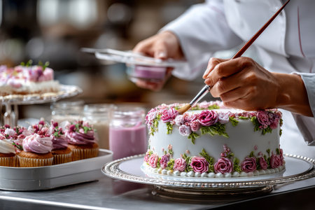 A baker carefully decorates a cake with pink roses and green accents while cupcakes await nearby.の写真素材