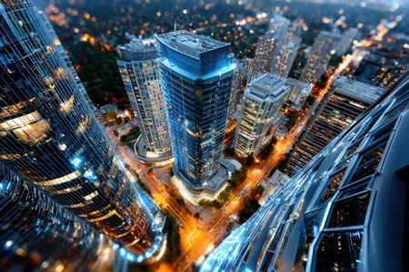 Aerial view of a city intersection with illuminated skyscrapers at duskの写真素材