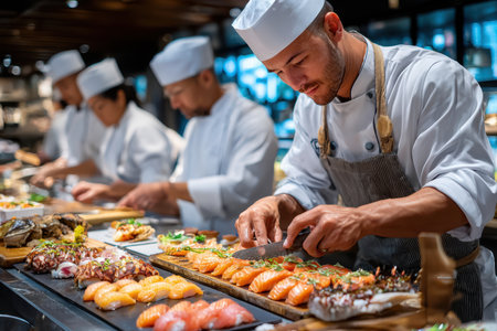 Chefs prepare fresh sushi and seafood dishes in a busy restaurant kitchenの写真素材