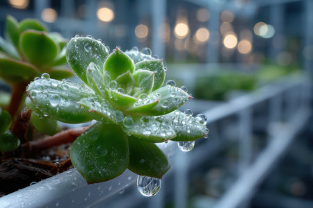 A succulent plant, in a modern office space, creating a calm mood, under diffused, white lighting, shot with a DSLR, with a single dewdrop falling off a leafの写真素材
