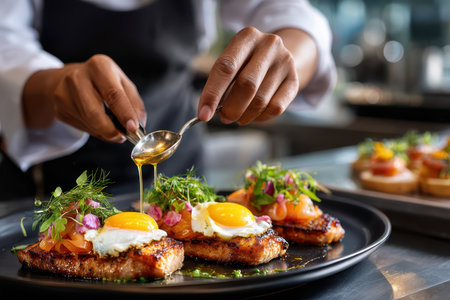 A chef skillfully drizzles sauce over a plate of salmon, topped with sunny-side-up eggs and vibrant herbs.の写真素材