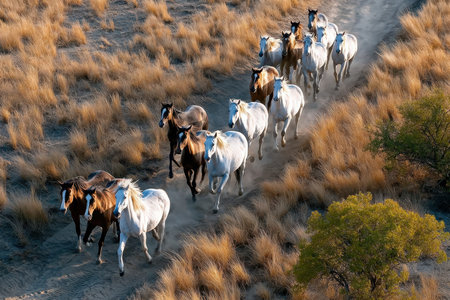 A herd of wild horses gallops across a dry, grassy plainの写真素材