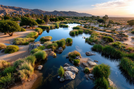 An aerial view of a desert oasis at sunrise with a stream, rocks, and vegetationの写真素材