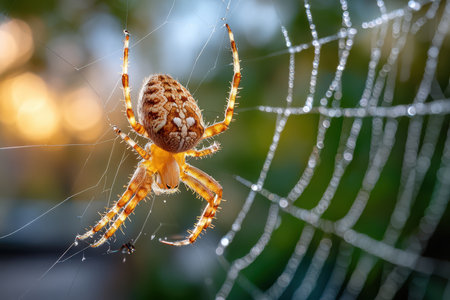 A macro shot of a spider on a web, under harsh, morning light, with a sudden catch of a flyの写真素材
