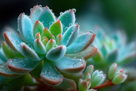 Closeup of a succulent plant covered in glistening dewdropsの写真素材