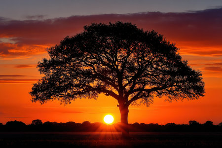 Silhouetted tree in a field against a vibrant sunset skyの写真素材