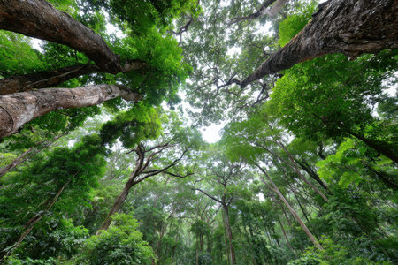 A low angle view of tall green trees in a forestの写真素材