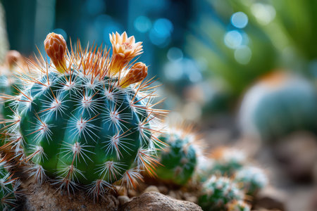 A small, flowering cactus with delicate peach blossoms sits on gravelの写真素材