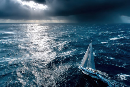 A dramatic aerial shot of a lone sailboat on a vast, stormy sea, conveying a sense of adventure and danger, under overcast lighting, using a drone camera, where the boat is heading towards an uncharted islandの写真素材