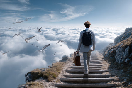 A traveler ascends wooden steps leading through fluffy clouds, surrounded by birds under a bright sky.の写真素材