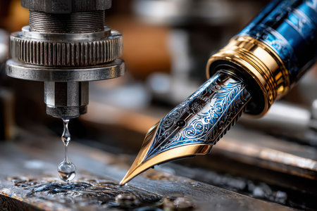 An artisan expertly engraves a fountain pen nib, ink pooling, ready to flow.の写真素材