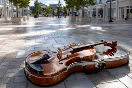 A stunning violin lies on the cobblestone pavement of a quiet shopping area under bright daylight.の写真素材