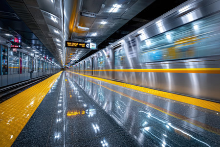 A subway train blurs past an empty platform in a modern stationの写真素材