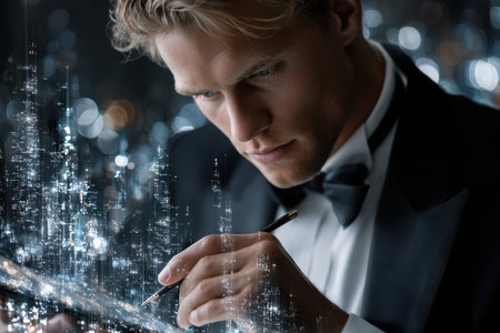 A young man in formal attitude focuses intently on sketching futuristic designs amidst a stylish office environment.の写真素材