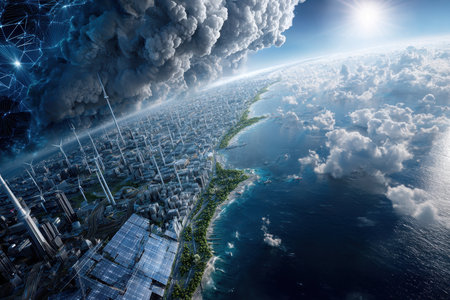 A vibrant coastal city showcases cutting-edge buildings and greenery along the shoreline under a dramatic sky.の写真素材