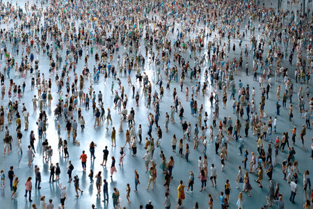 Numerous people engage in various activities in a vast open space under bright lighting in daylight.の写真素材