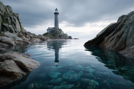 A lighthouse stands tall on a rocky coast, its reflection visible in tranquil water amidst overcast skies.の写真素材