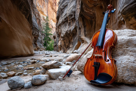 In a tranquil canyon, a wooden violin leans against large stones, with a bow lying next to it amidst nature's wonder.の写真素材