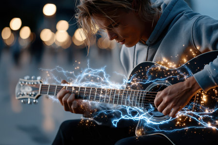 A young musician sits outdoors, strumming a guitar that emits spark-like visual effects against a city backdrop.の写真素材