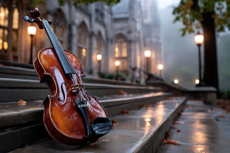 A violin leans against the wet steps of a historic building with autumn leaves scattered around under a foggy sky.の写真素材