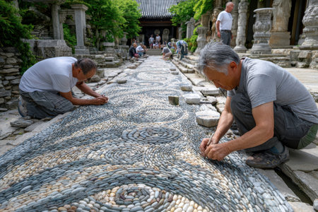 Skilled workers meticulously arrange pebbles to form a detailed pathway at a cultural heritage location.の写真素材