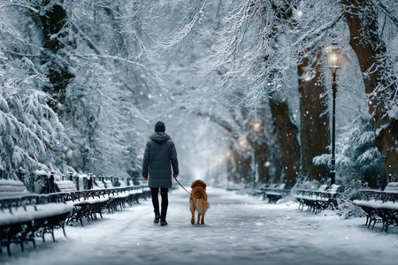 A person strolls through a snowy park with their dog, surrounded by frosted trees and benches during winter.の写真素材