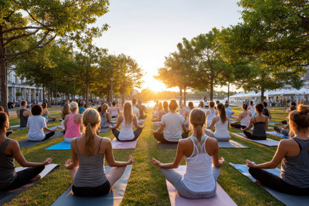 Several individuals practice yoga outdoors in a park during sunset, fostering relaxation and mindfulness.の写真素材