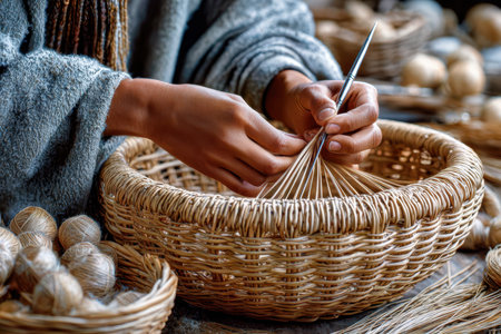 Skilled artisan meticulously shapes a basket using natural fibers in a cozy workshop, surrounded by crafting supplies.の写真素材
