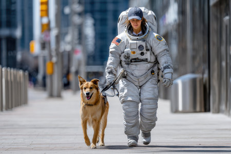 A person dressed in a space suit walks a dog along a city sidewalk on a sunny day, surrounded by skyscrapers.の写真素材