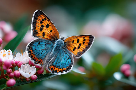A colorful butterfly rests on pink and white flowers in a gardenの写真素材