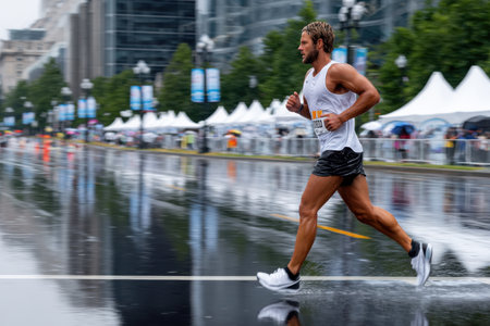Male athlete runs through city streets on rainy dayの写真素材