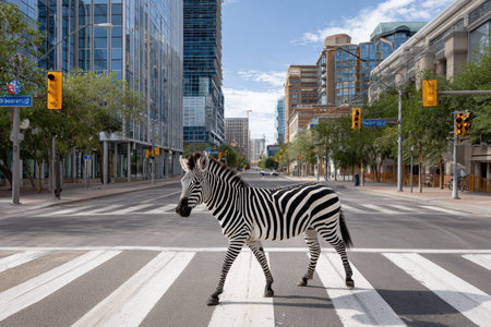 A zebra walks across a crosswalk in a bustling city, surrounded by tall glass buildings and clear skies.の写真素材