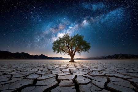 A lone tree stands in a cracked desert landscape under the Milky Way at nightの写真素材